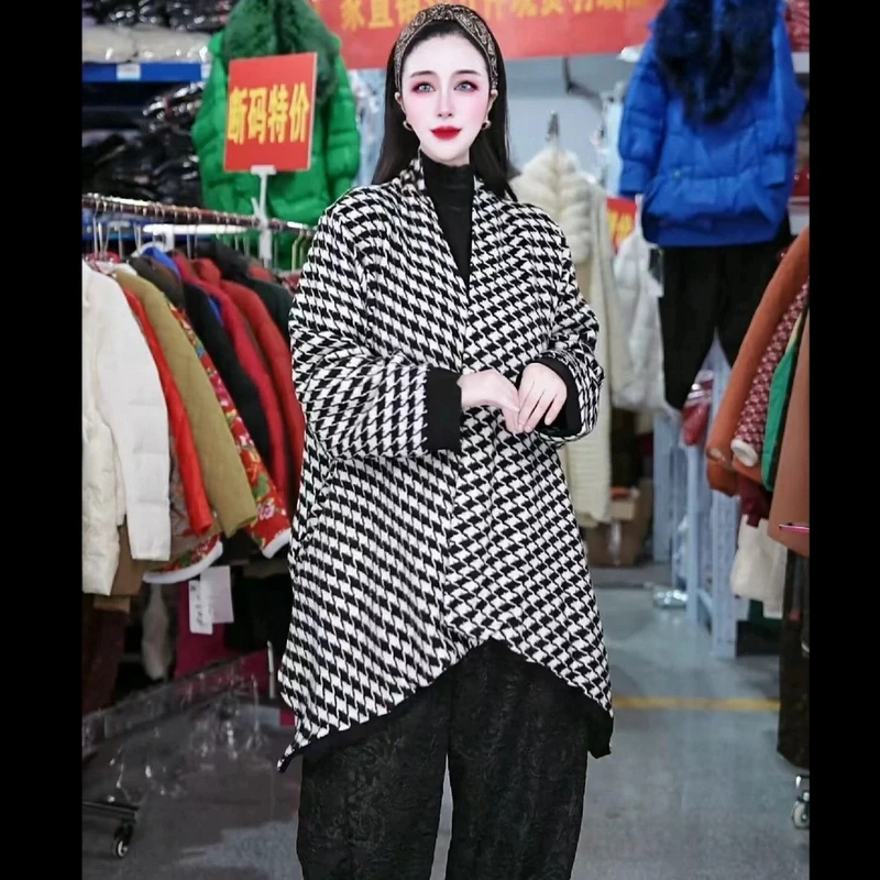 百搭时尚潮流休闲气质显瘦轻奢女款不规则下摆千鸟格大衣外套D233