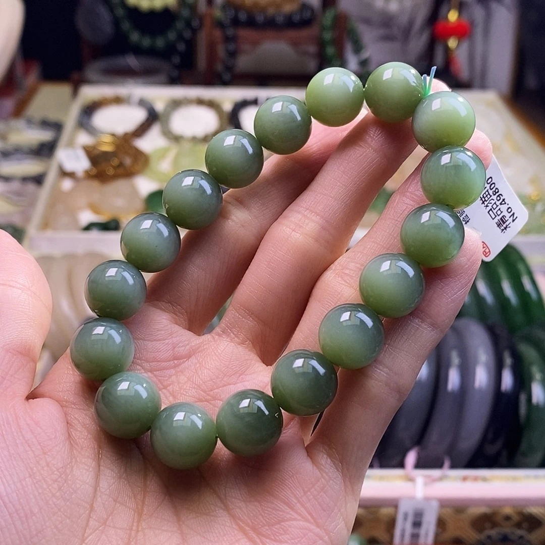 颈饰未镶嵌和田玉碧玉粉青猫眼手串12M m