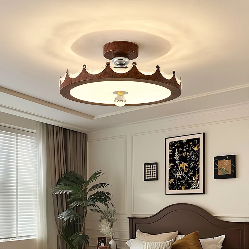 中古风美式法式复古造型创意卧室书房餐厅皇冠吊灯吸顶灯胡桃木色