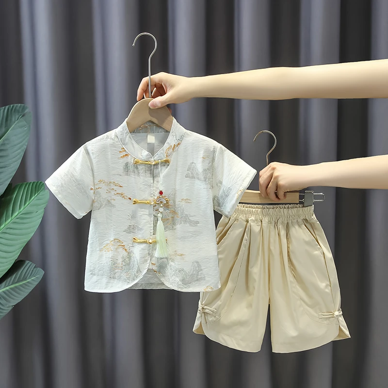 男童夏装套装2025新款夏季男宝复古儒雅唐装儿童国学服薄款演出服