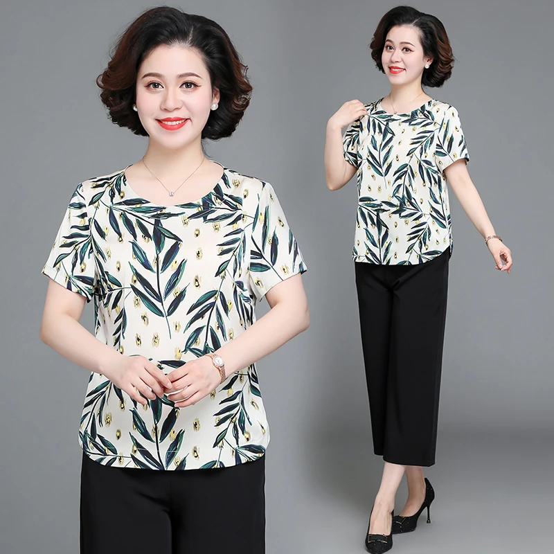 中年妈妈夏装套装2025新款中老年短袖T恤女洋气时尚阔太太雪纺衫