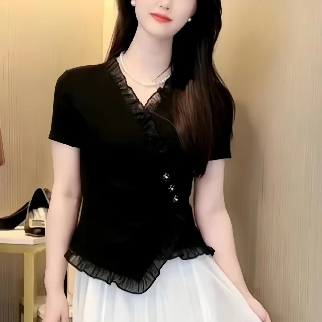 短袖T恤2025夏季新款荷叶边女上衣女气质V领交叉百搭洋气纽扣小衫