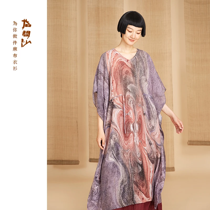 指间沙2525191原创女装25夏V领印花宽松苎麻袍子中式连衣裙
