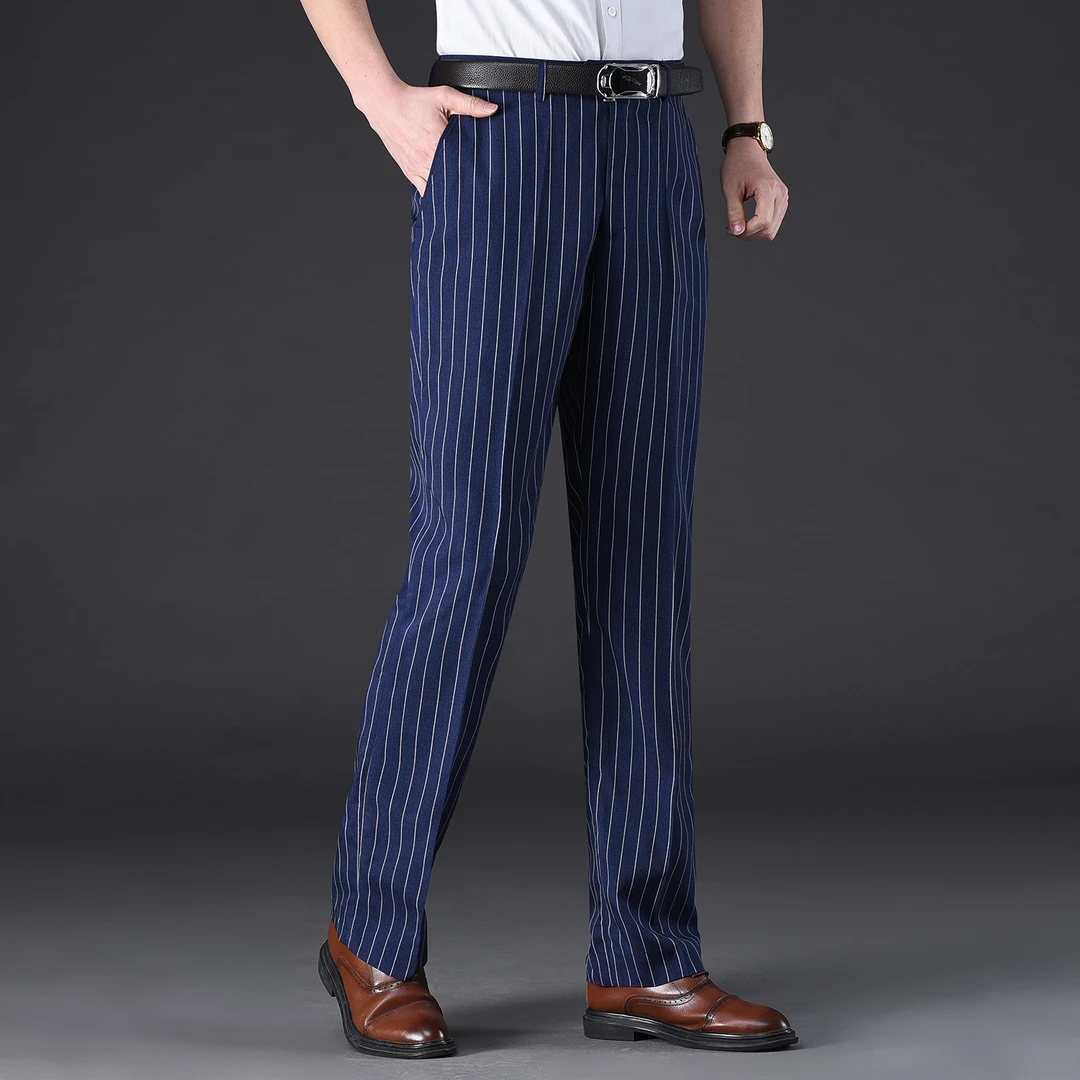 2025夏季新款男裤条纹商务正装裤免烫西服裤薄款男士直筒休闲西裤