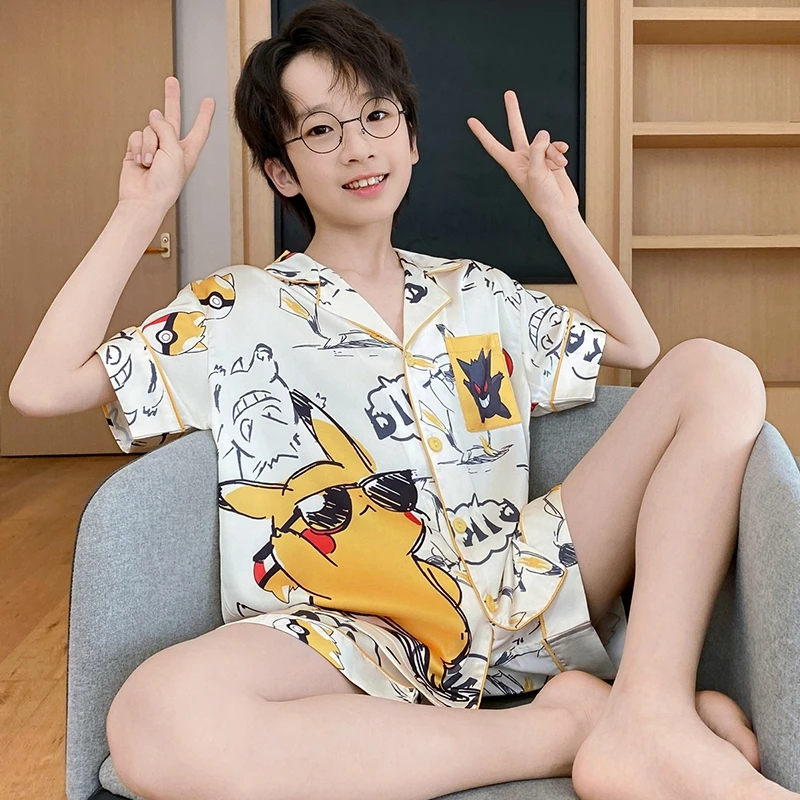 伊束姿儿童睡衣夏季2025新款男童薄款冰丝短袖大童夏款男孩家居服