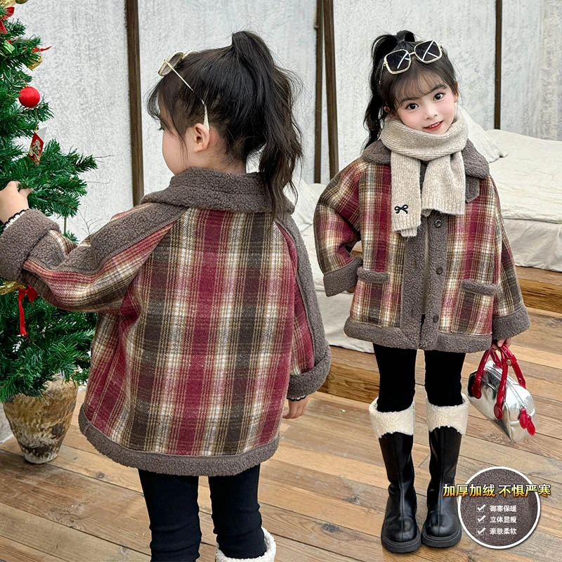 女童男童格子加绒外套秋冬季外穿加厚小童上衣女孩女童外套洋气