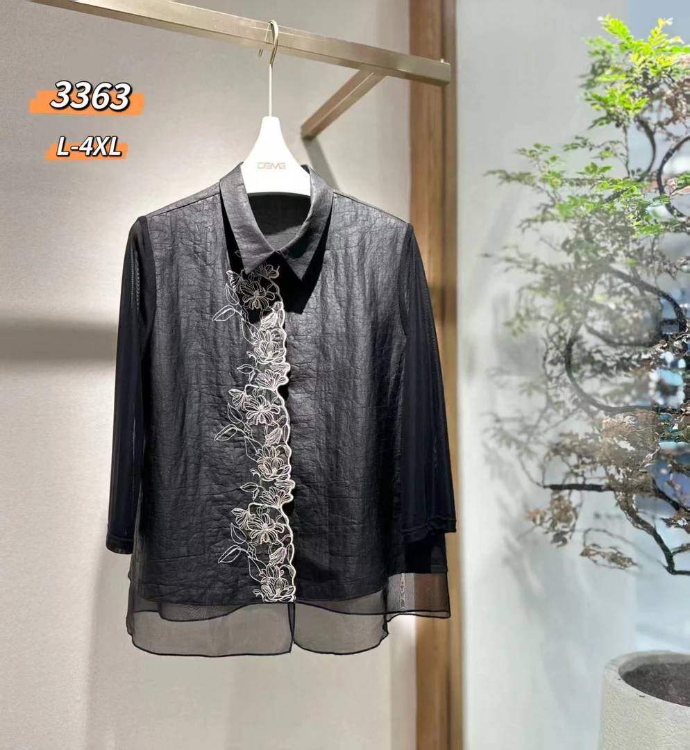 25年新款春夏100%桑蚕丝香云纱刺绣网纱长袖上衣