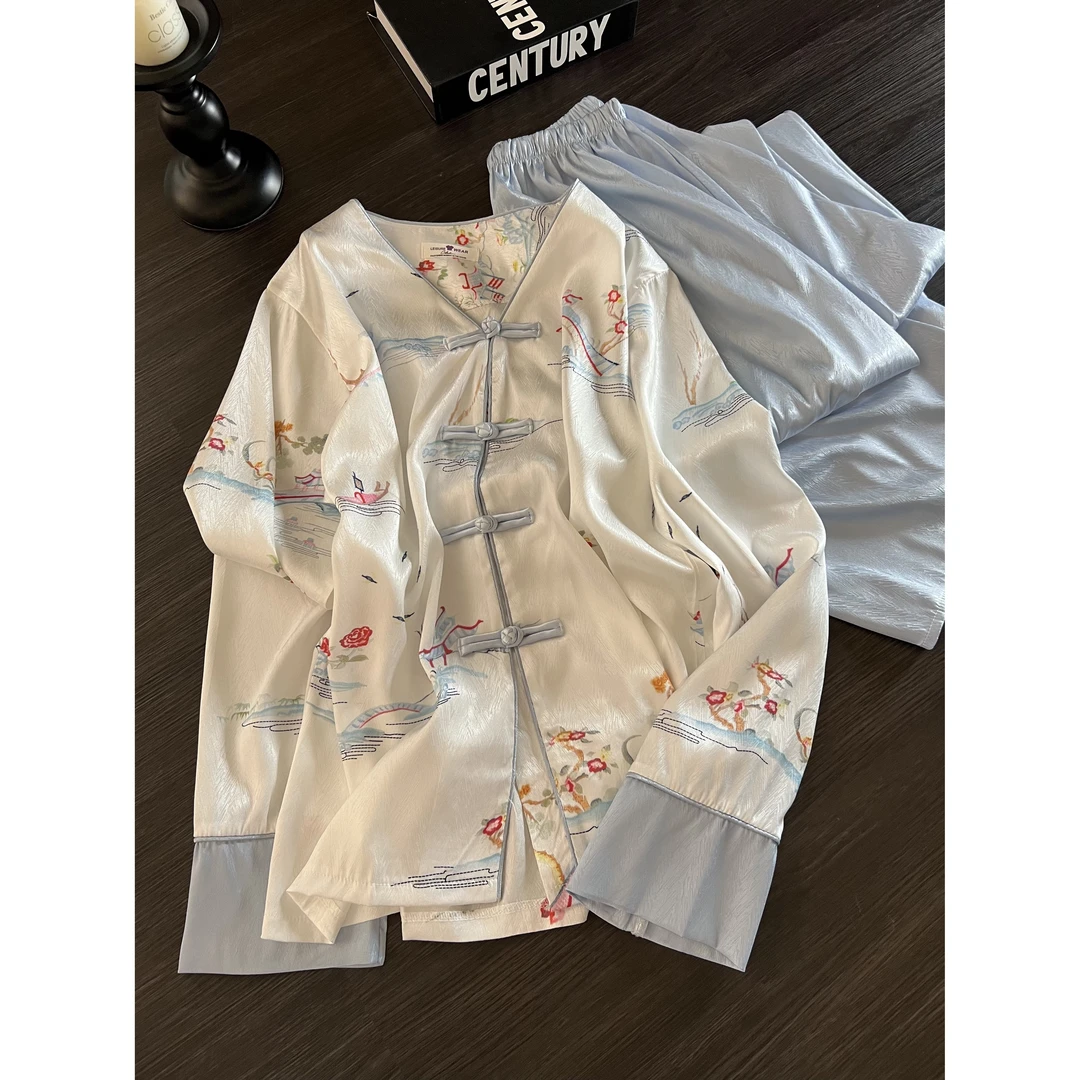 新中式国风水墨画高级感盘扣睡衣女春秋新款长袖长裤居家套装外穿