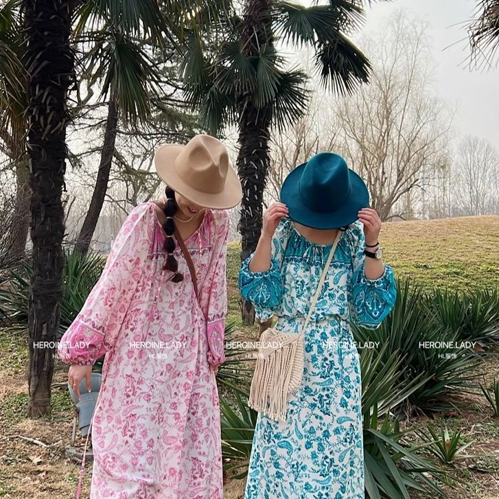 【波西米亚】HL棉绸春夏定位花拼接长袖连衣裙宽松长裙波西米亚风