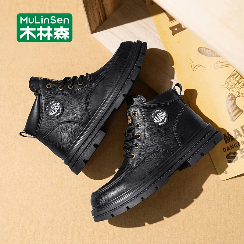 木林森靴子男高帮秋冬季英伦风痞帅马丁靴男款工装靴中帮沙漠短靴