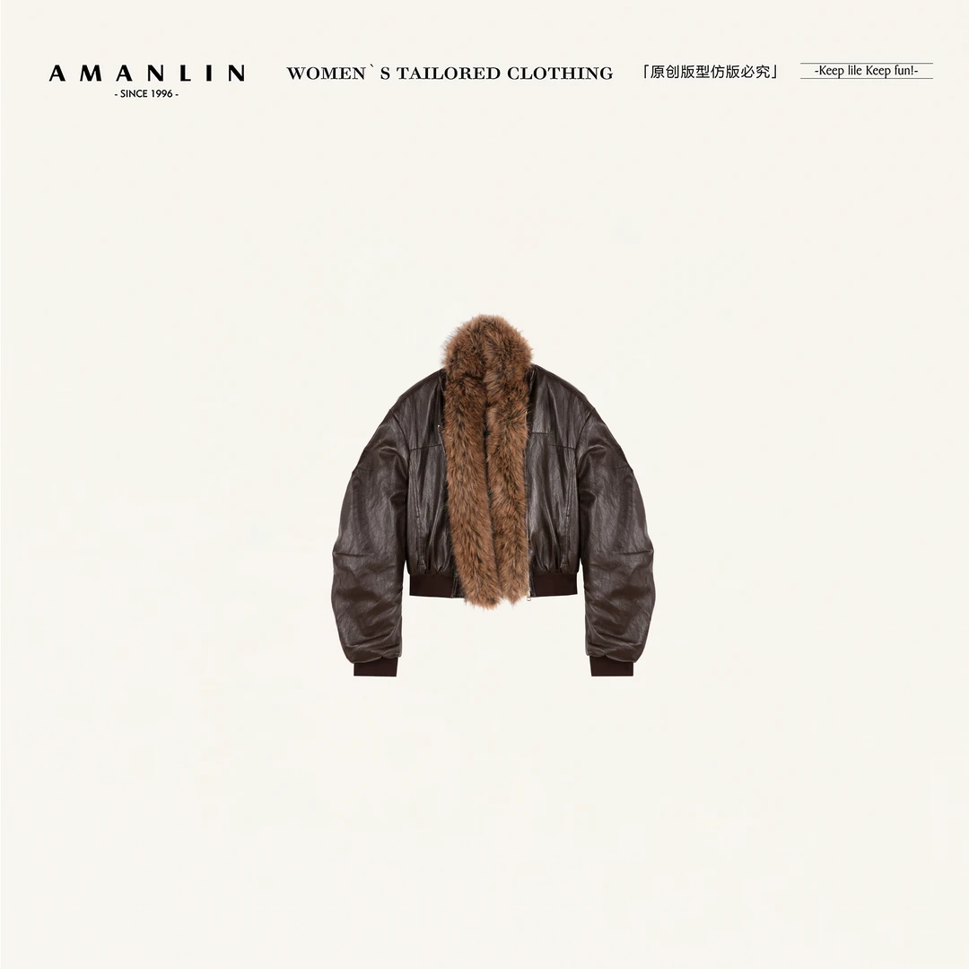 AMANLIN/阿谩琳琥珀流光美式复古高级皮草毛领拼接外套Y602391