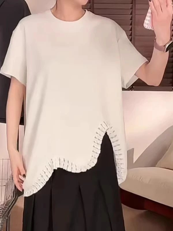 不规则蕾丝拼接T恤新款夏季时尚洋气五一出游冰丝纯多巴胺服装女