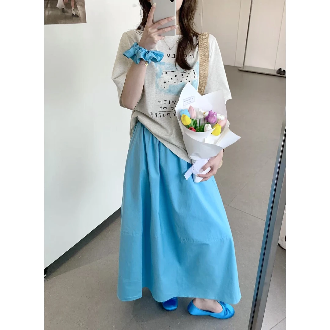 慵懒风穿搭斑点狗印花短袖T恤+半身裙三件套套装(配发圈)  A1279