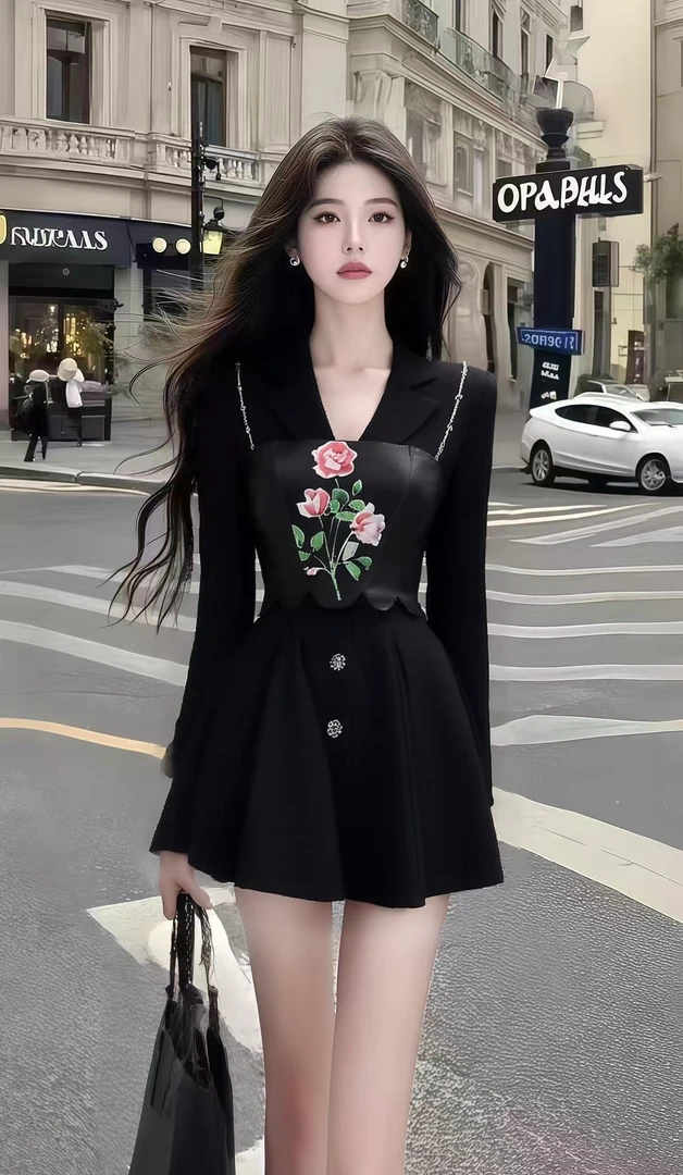 时尚休闲风气质短裙黑色长袖V领修身收腰设计感小众显瘦连衣裙女