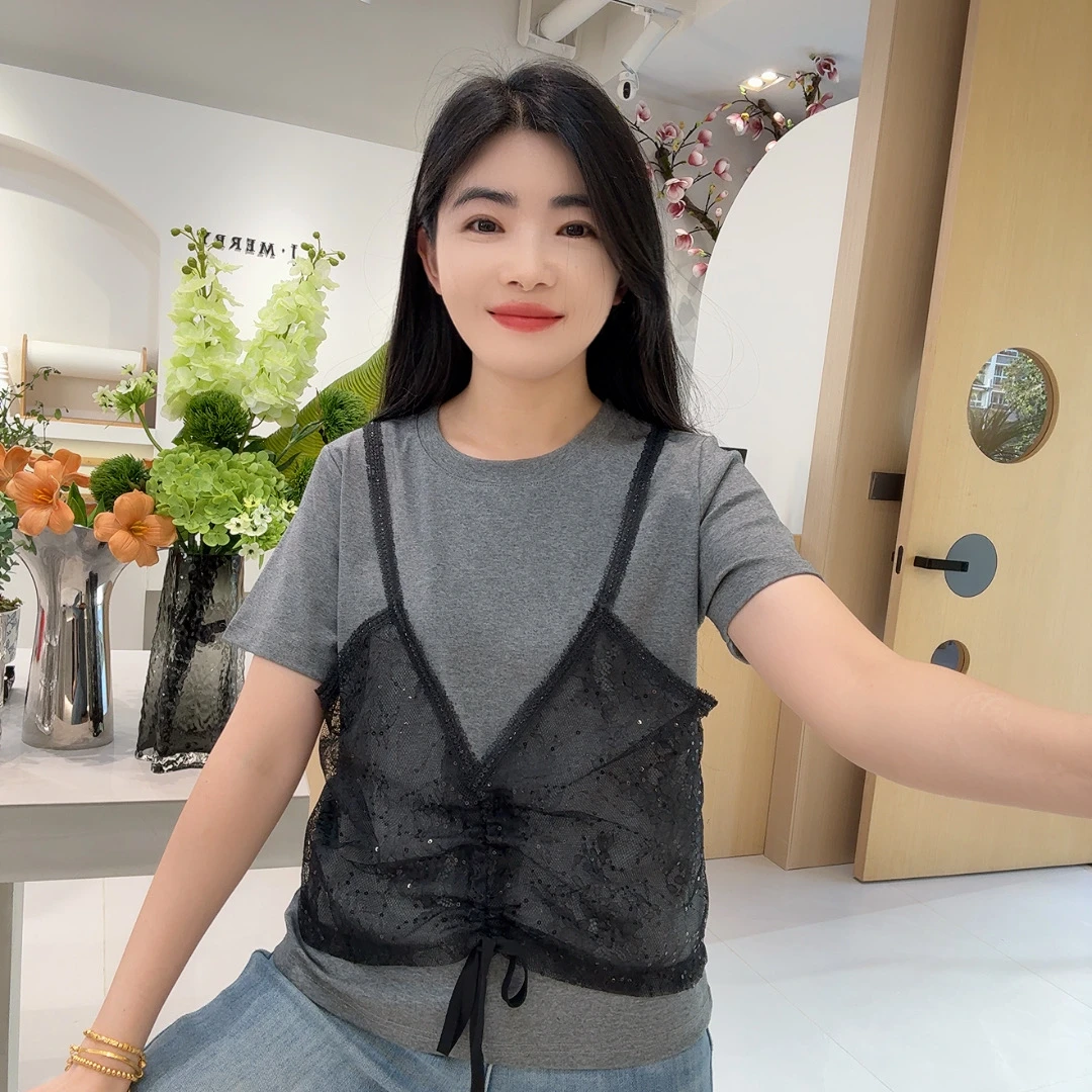 253199 圆领甜美蕾丝拼接假两件T恤
