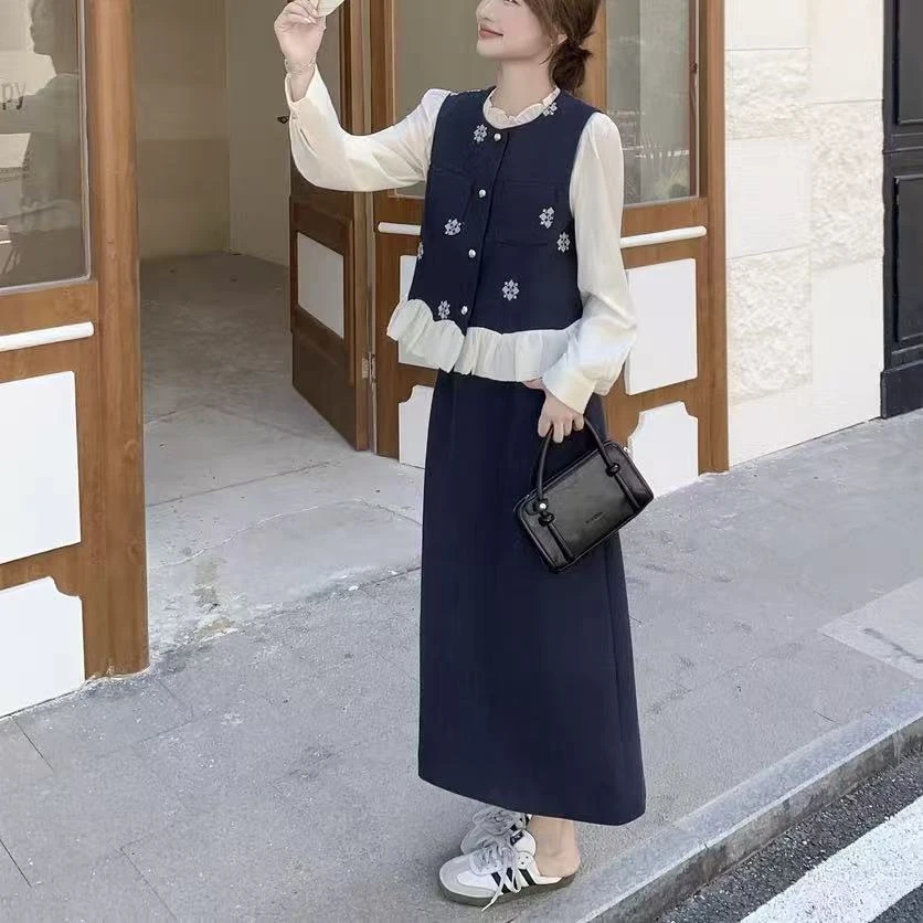 1675大码碎花马甲衬衫半身裙套装女秋季新款三件套