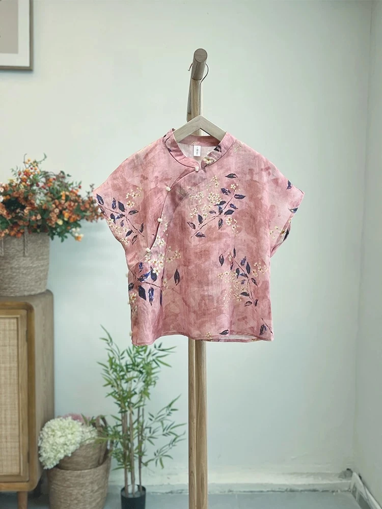 新中式中国风苎麻上衣女夏季小飞袖复古小衫棉麻女装中式盘扣衬衫