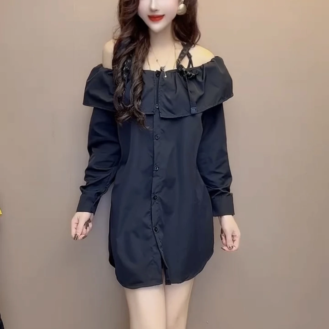 复古风时髦百搭棕色吊带漏肩衬衫秋季宽松显瘦气质女上衣