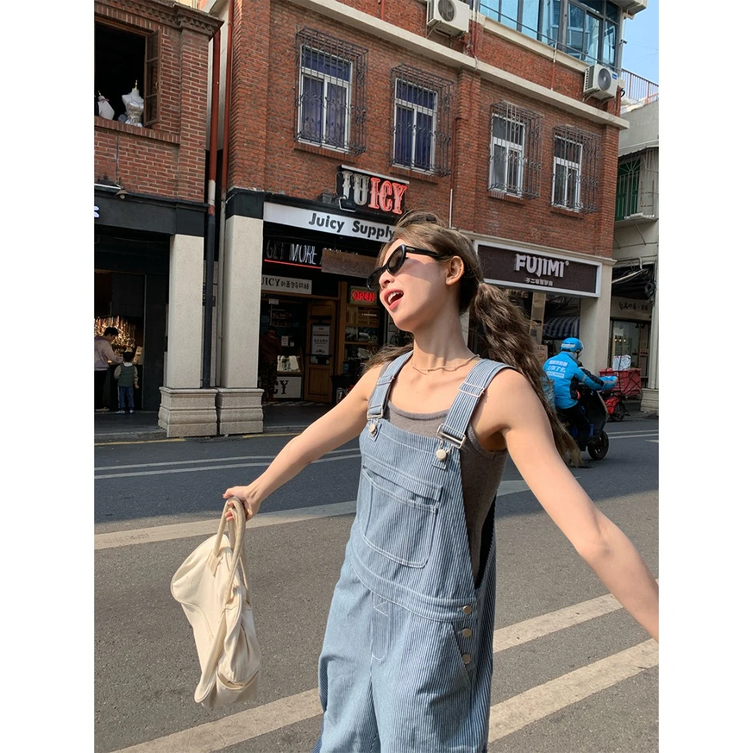 RAINY 文艺复古减龄牛仔背带裤春秋女条纹百搭阔腿工装口袋裤子