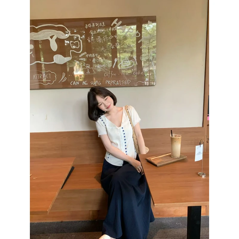 板栗西西【花上枝】夏季气质复古翻领蕾丝花边短袖上衣短款绑带衬衣