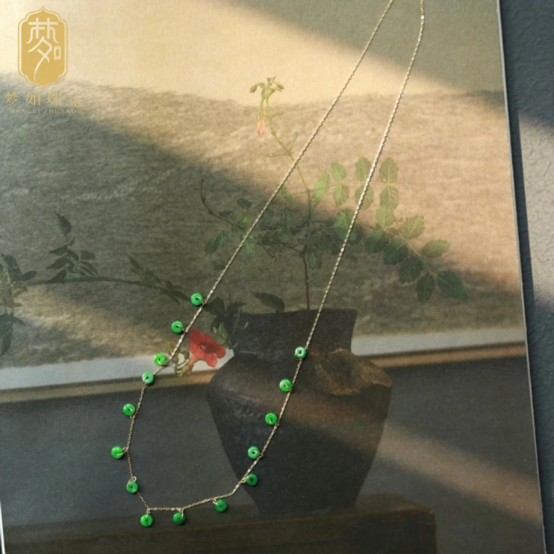 18k金翡翠小平安扣项链SY时尚百搭绿色小众清新珠珠手作镶嵌