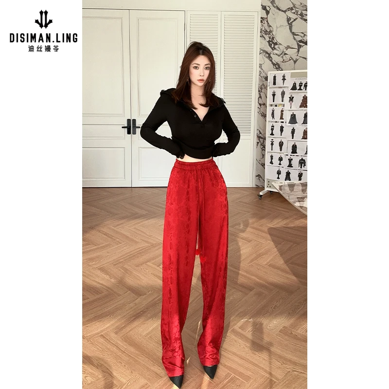 迪丝嫚苓红色阔腿宽松裤子显瘦高腰直筒休闲百搭原创设计小众优雅