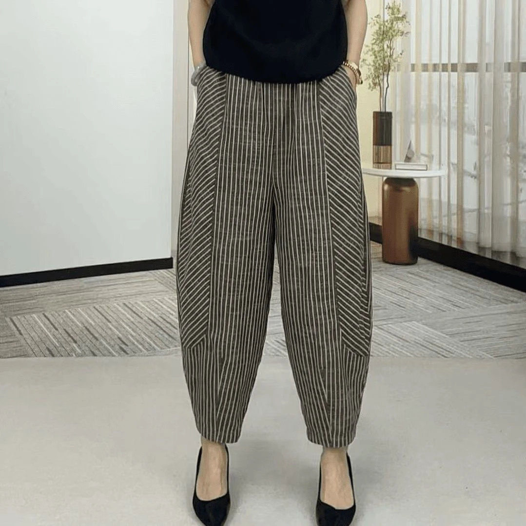 九月严选新款休闲条纹松紧腰阔腿哈伦裤时尚休闲裤条纹百搭显瘦女