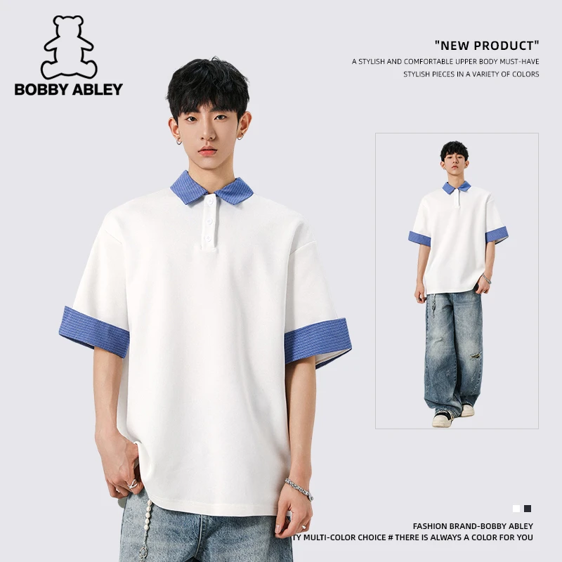 BOBBY ABLEY男短袖夏季休闲宽松polo衫休闲男装宽松翻领拼接