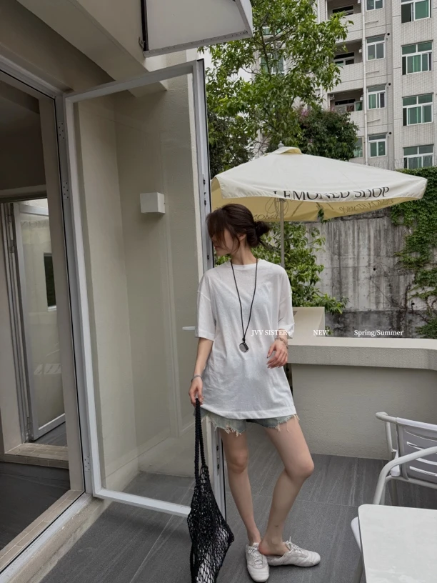 福秒-后背交叉不规则露背款、宽松圆领休闲短袖T（JM70818#）JVV