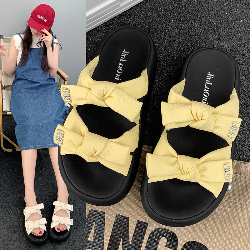 韩版网红同款夏季蝴蝶结厚底一字拖2025新款女外穿时尚百搭凉拖鞋
