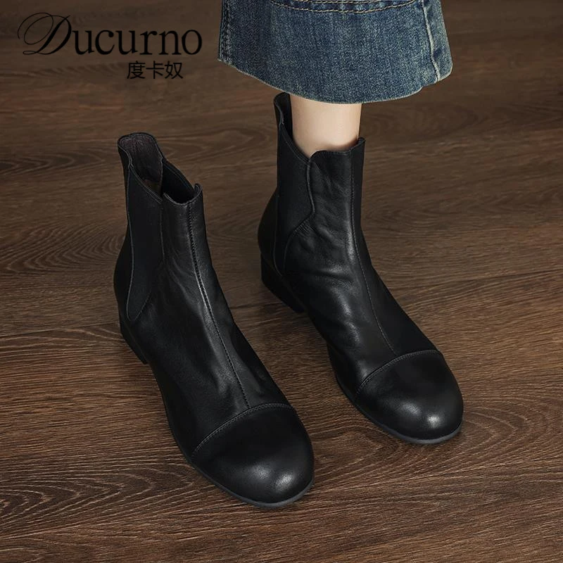 度卡奴水洗马皮圆头切尔西短靴女2025秋冬覆古粗低跟马丁靴靴子