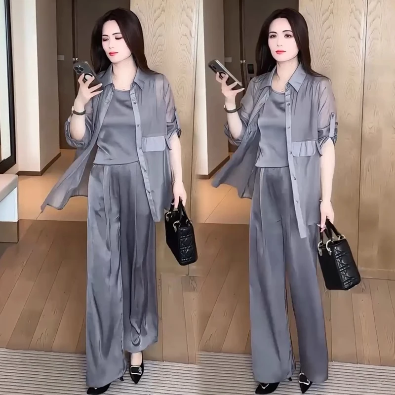 时尚高级感气质套装女2025夏季新款显瘦防晒衫吊带阔腿裤三件套装