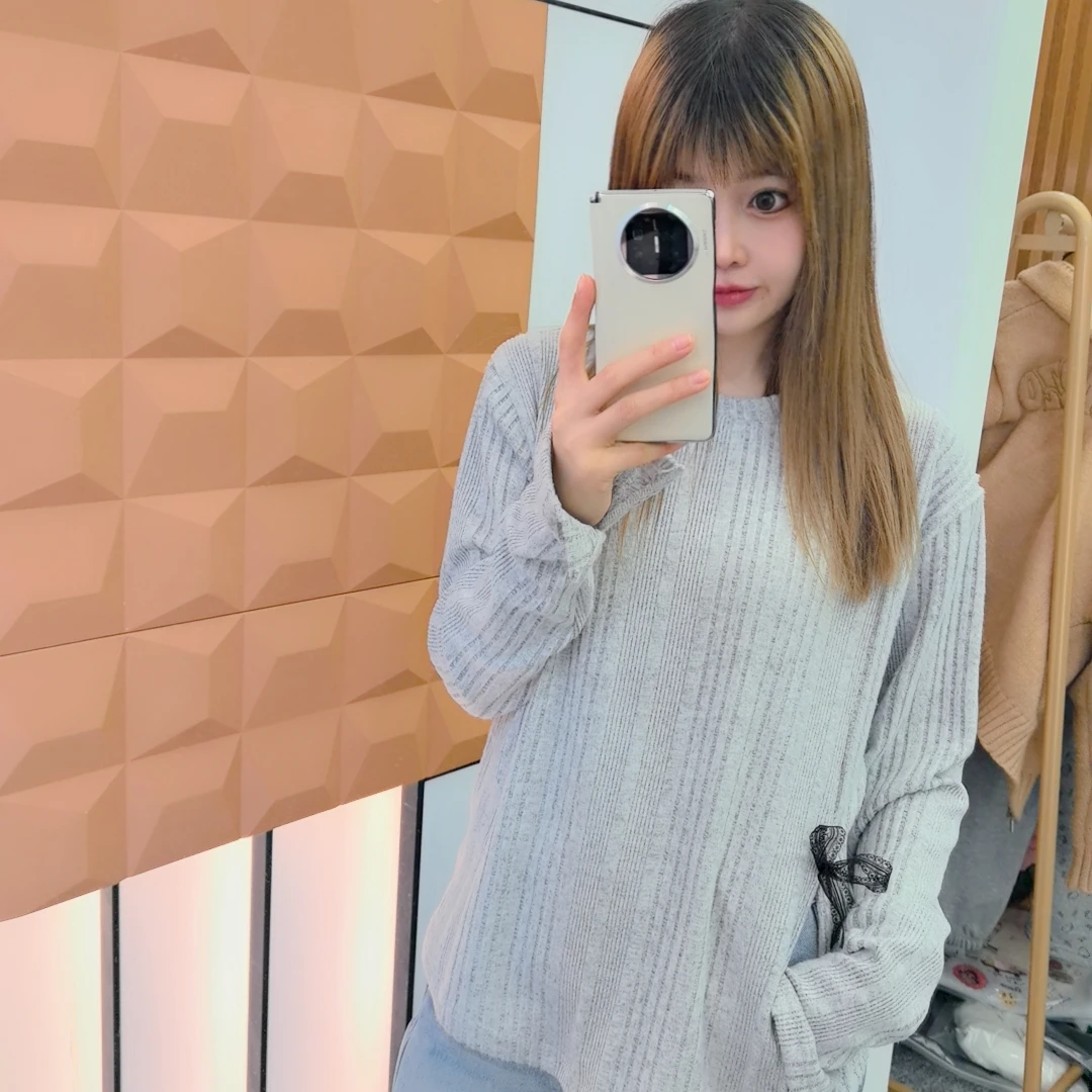 25春 韩代圆领蝴蝶结兔毛绒长袖上衣 宽松不规则设计感打底T恤