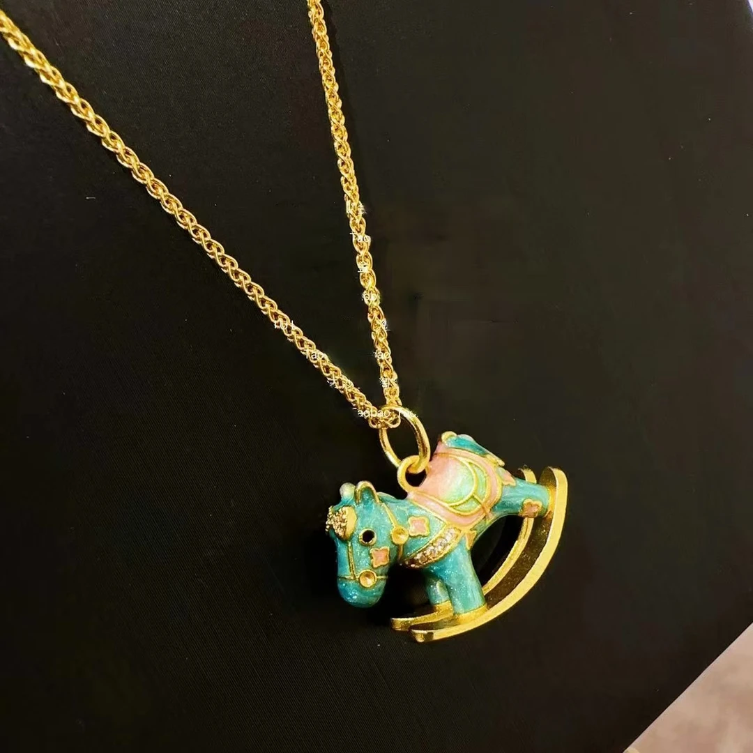 合金珐琅吊坠 招财摇摇马精工满钻珐琅彩马到成功吊坠木马项链女