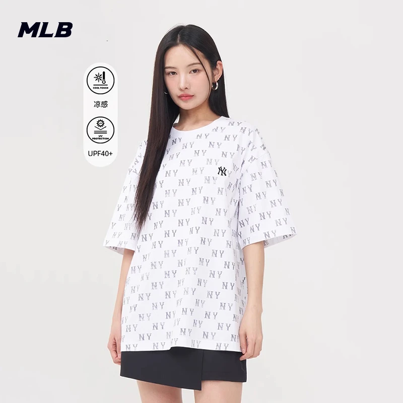 MLB男女情侣满印老花潮流防晒凉感舒适宽松运动短袖T恤25夏季新款