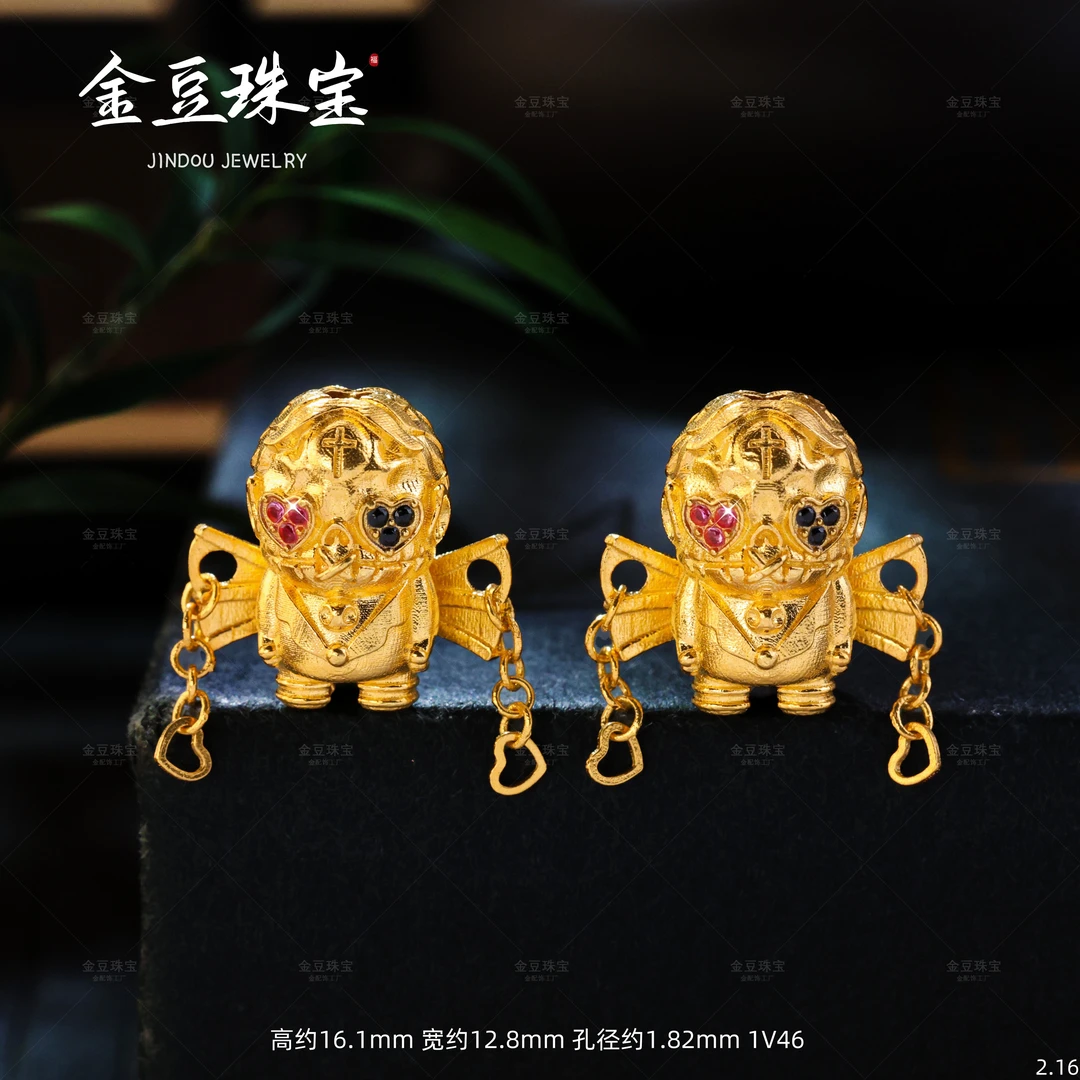 【金豆VIP】18K金豪镶天使阿呆隔珠实心金文玩珠串配饰V