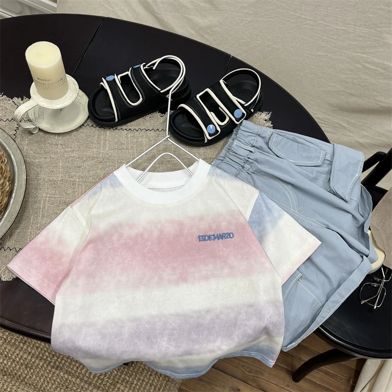 H906儿童圆领扎染粉t夏装新款男童时髦洋气上衣韩版宝宝短袖T恤潮