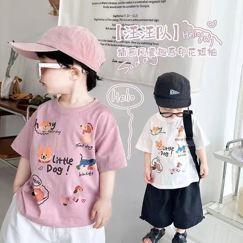 100%纯棉男童女童夏款纯棉打底衫新款夏季卡通印花中小童短袖t恤