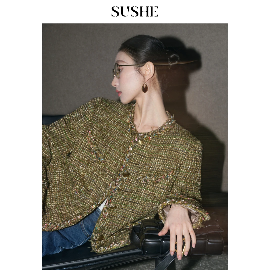 束皙SUSHE 青黛远 格林系 金丝编织粗花呢箱型小香风短外套女