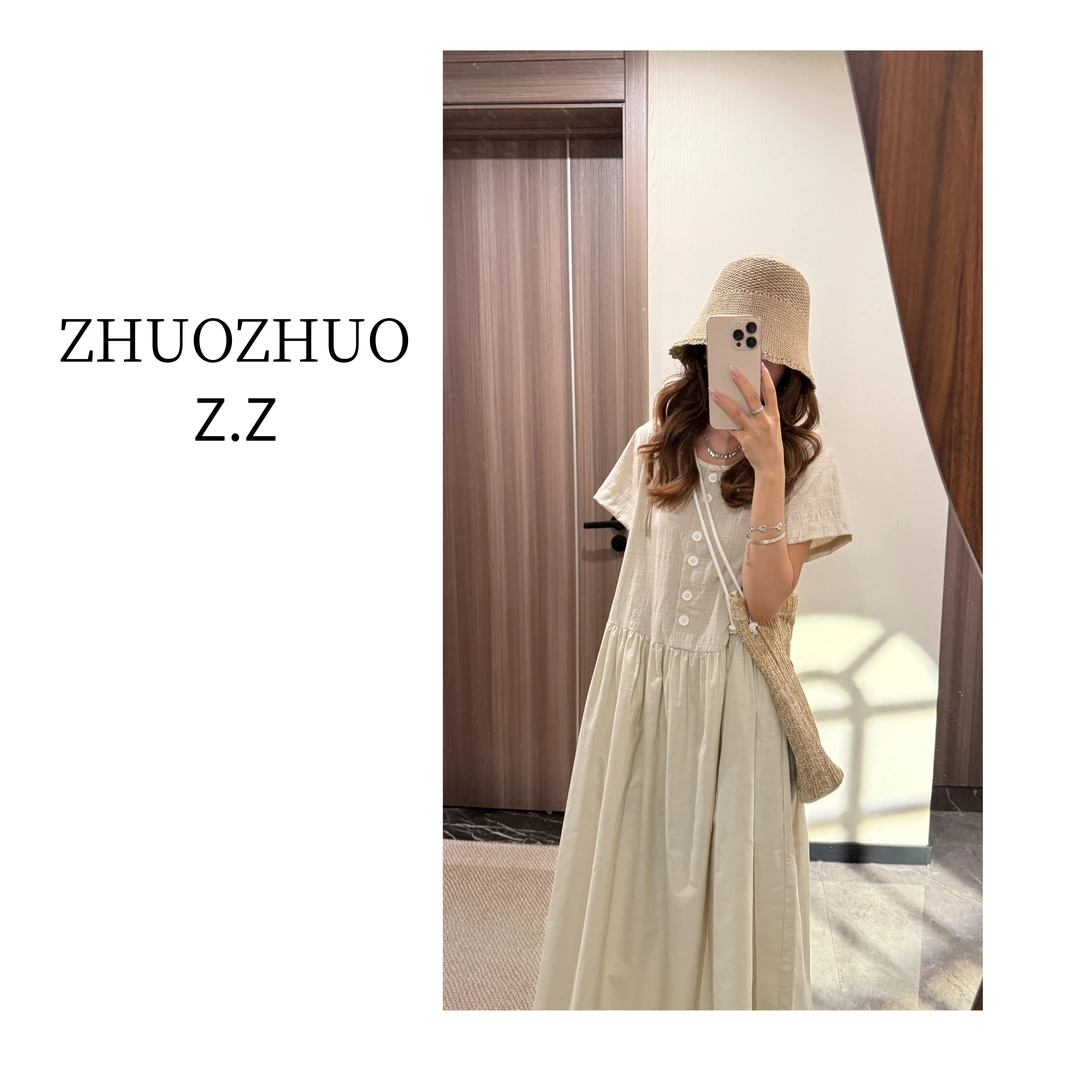 【ZHUOZHUO专属】“青芜漫语”清冷禅意风轻薄宽松显瘦短袖棉麻连衣裙