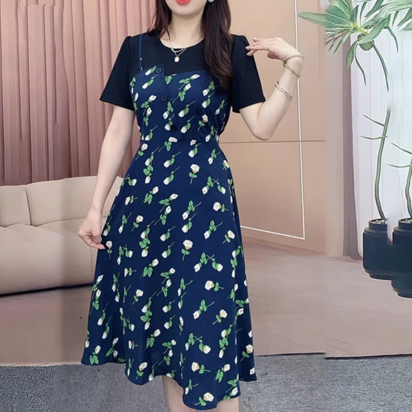 夏季新款时尚洋气休闲气质印花裙子女修身显瘦减龄显瘦短袖连衣裙