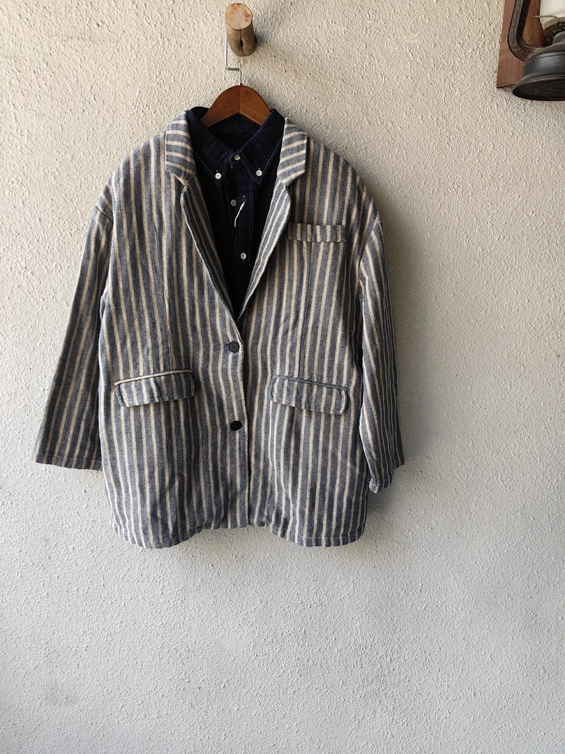 经典竖条西装领色织麻西装肩宽宽52cm胸围110cm衣长69cm