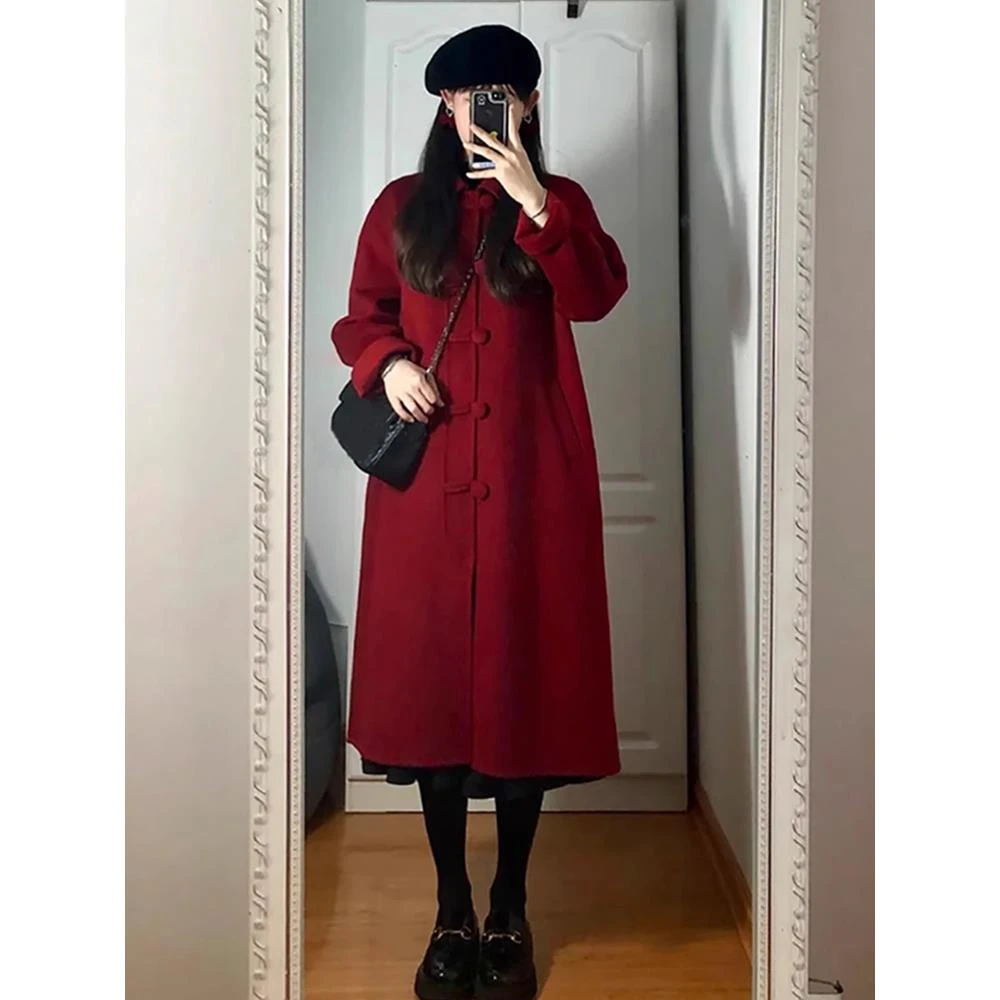 FAVMARTHA过年穿搭红色大衣女秋冬2025新款小个子赫本风毛呢外套