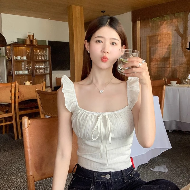 法式甜美小飞袖吊带背心外穿2025新款夏季修身绝美白色无袖上衣