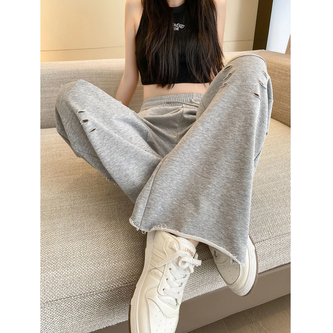 小众设计感新款破洞休闲卫裤松紧腰毛圈长裤阔腿高街百搭宽松ins