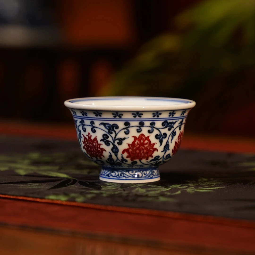 正德御窑永明尚玩狮心缠枝小压手杯陶瓷景德镇纯手绘品茗茶器1228