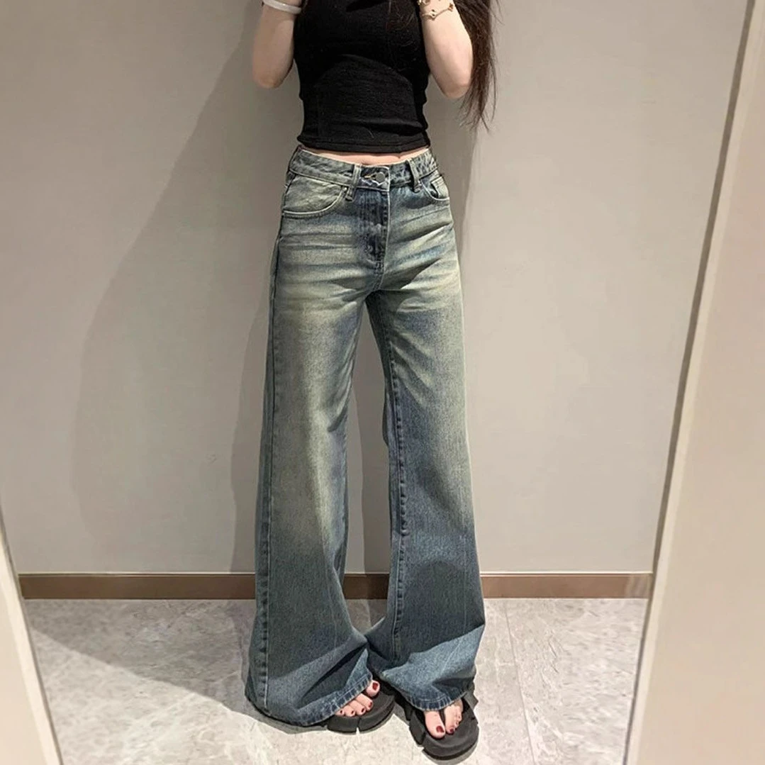美式复古水洗微喇裤女小个子高腰直筒阔腿拖地裤休闲显瘦牛仔长裤
