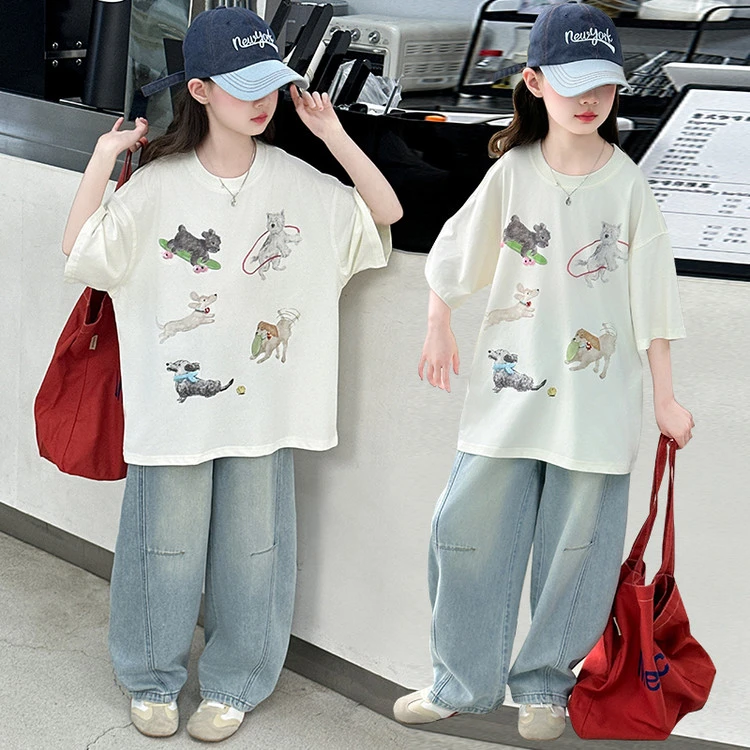 女童夏季短袖套装2025新款洋气休闲T恤儿童时髦牛仔裤夏装两件套