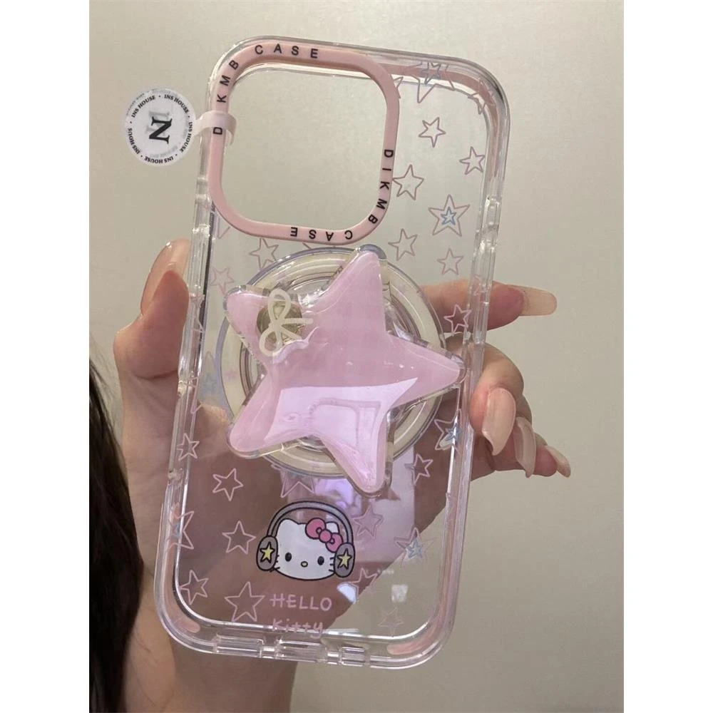 粉线条可爱星星KT猫磁吸支架适用苹果16promax手机壳iPhone15/14