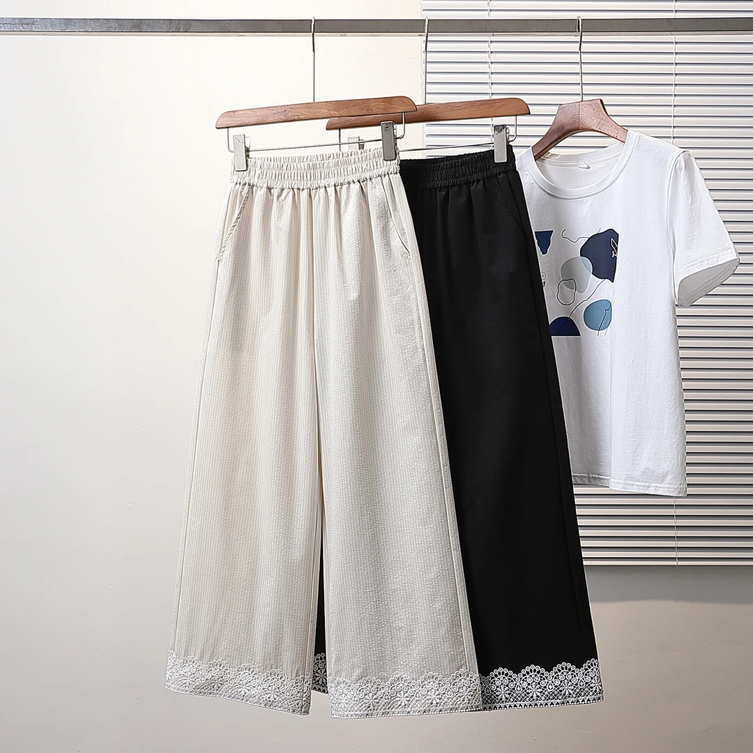 夏新款大码宽松阔腿薄款九分蕾丝女裤胖MM松紧腰显瘦直筒裤